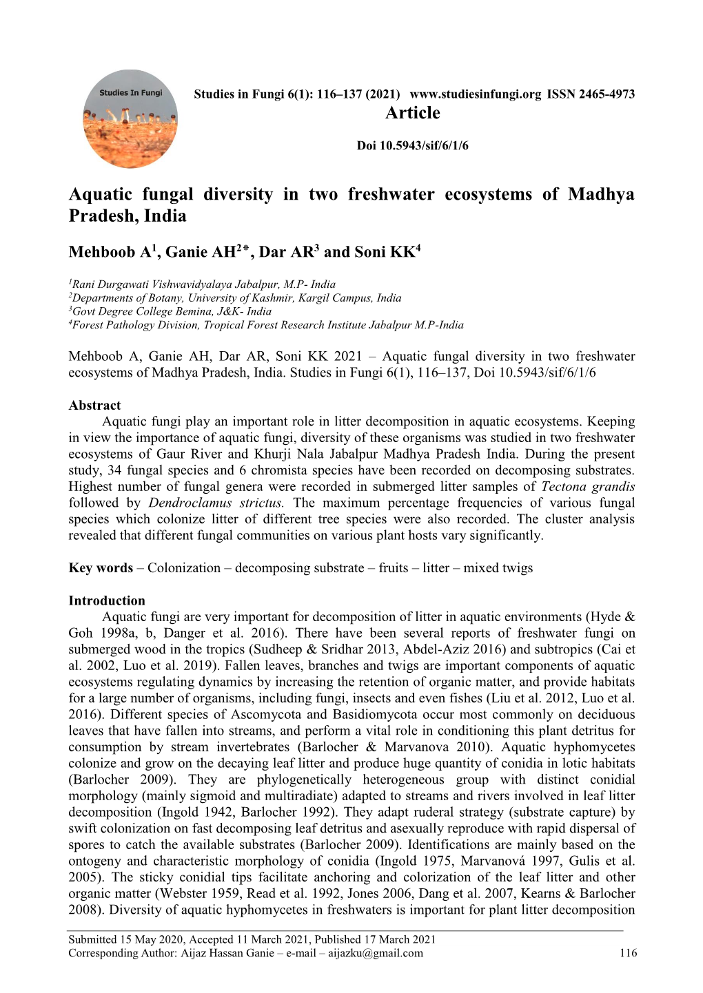 Aquatic Fungal Diversity in Two Freshwater Ecosystems of Madhya Pradesh, India