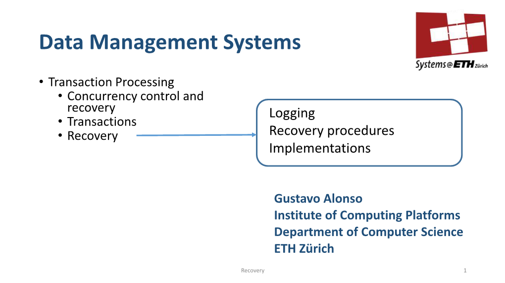 Recovery Logging • Transactions • Recovery Recovery Procedures Implementations