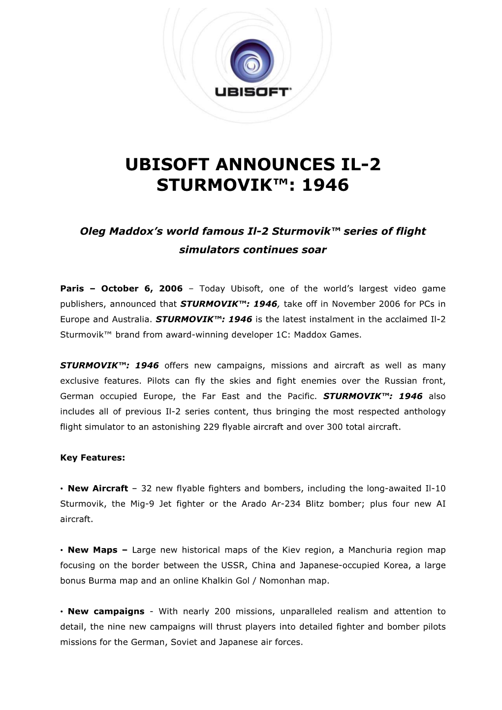 Ubisoft Announces Il-2 Sturmovik™: 1946