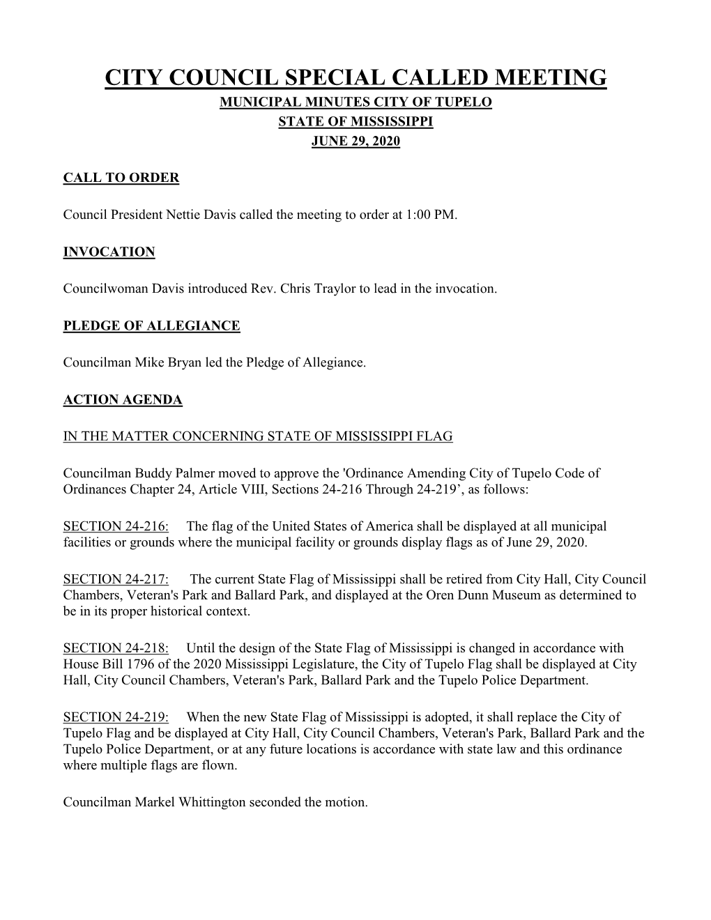 City Council Special Called Meeting Municipal Minutes City of Tupelo State of Mississippi June 29, 2020