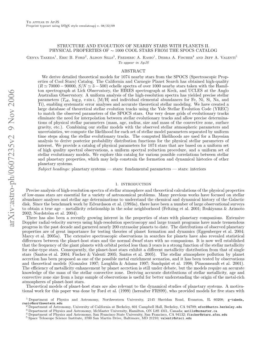 Arxiv:Astro-Ph/0607235V2 9 Nov 2006 Rasio@Northwestern.Edu Inlwr O Hspprwsdn Yfr Ta.(99 (Hereaft (1999) Al