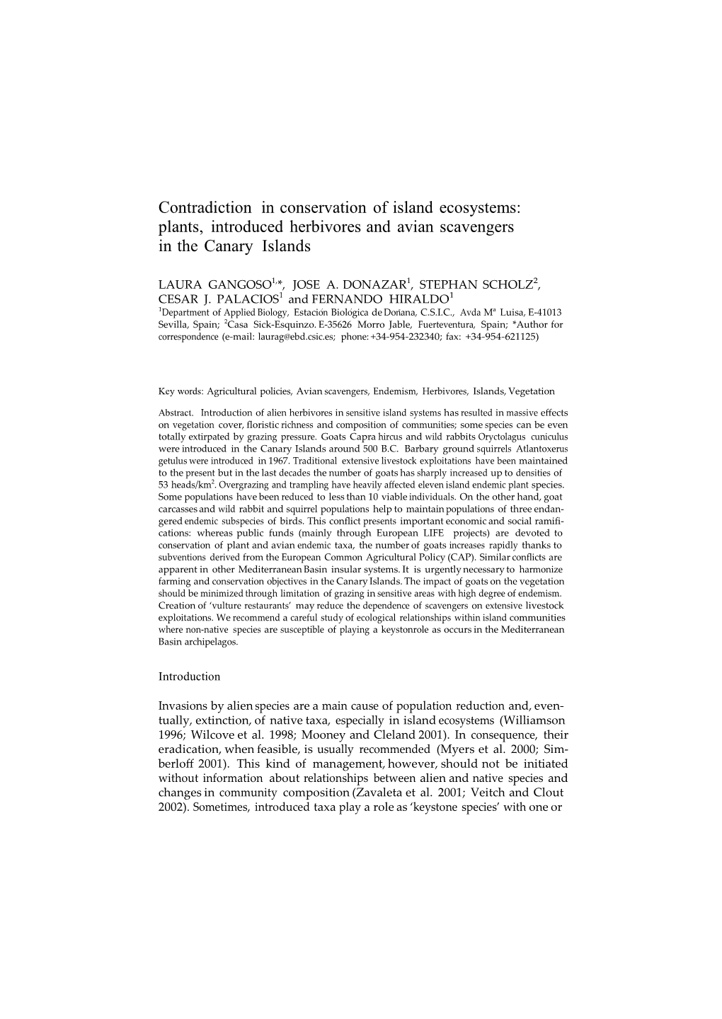 Plants, Introduced Herbivores and Avian Scavengers in the Canary Islands