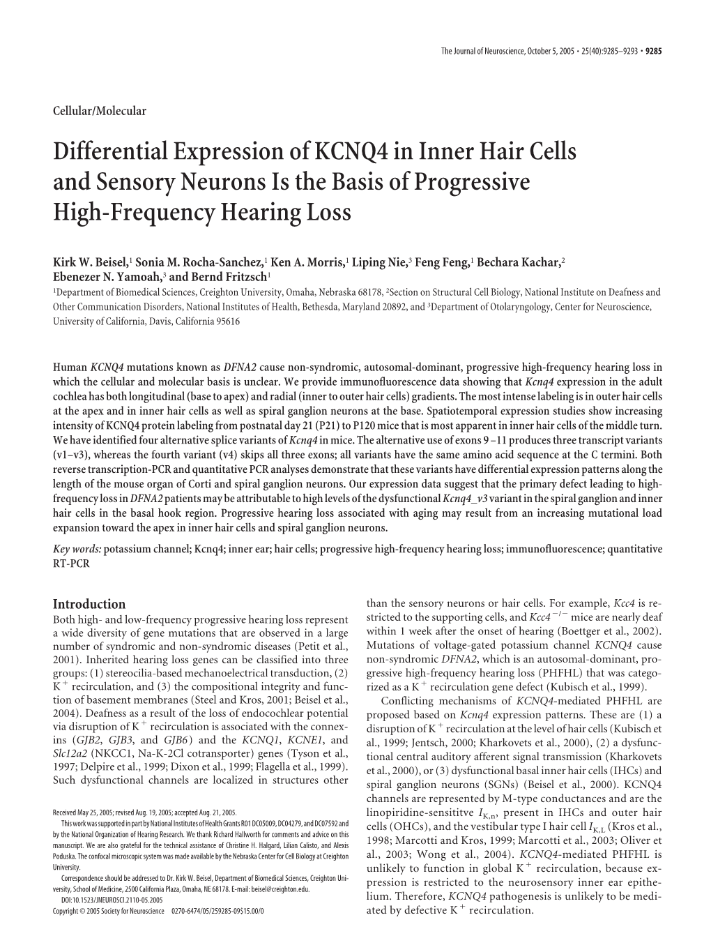 Differential Expression of KCNQ4 in Inner Hair Cells and Sensory Neurons Is the Basis of Progressive High-Frequency Hearing Loss