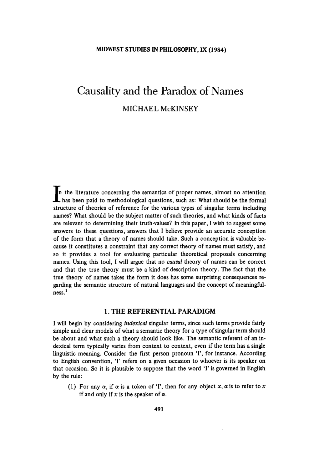 Causality and the Paradox of Names MICHAEL Mckinsey