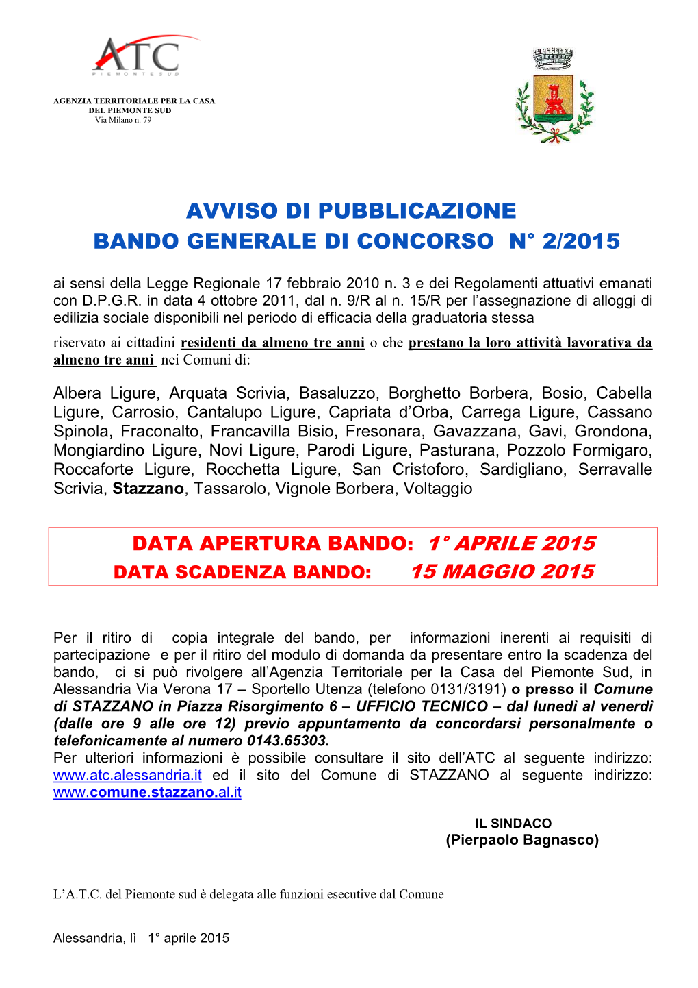 Avviso Di Pubblicazione Bando Generale Di Concorso N° 2/2015