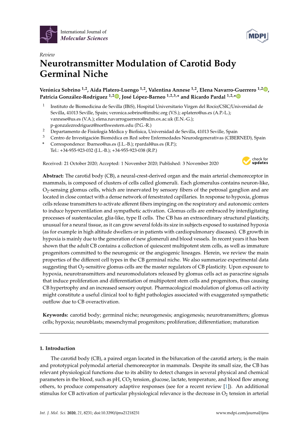 Neurotransmitter Modulation of Carotid Body Germinal Niche