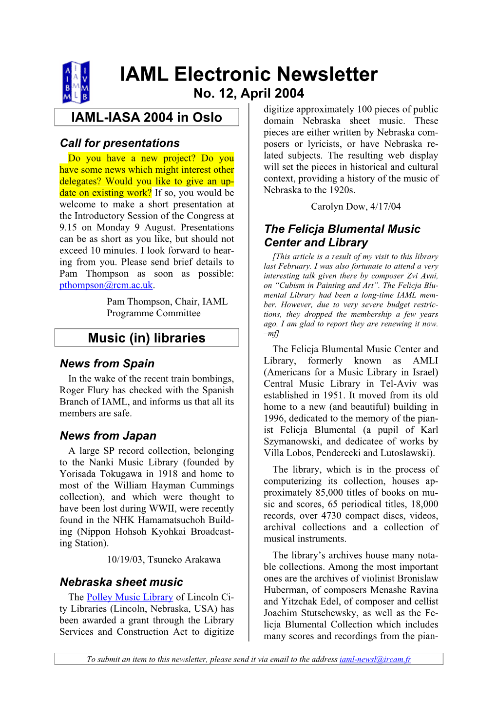 IAML Newletter N° 12, April 2004