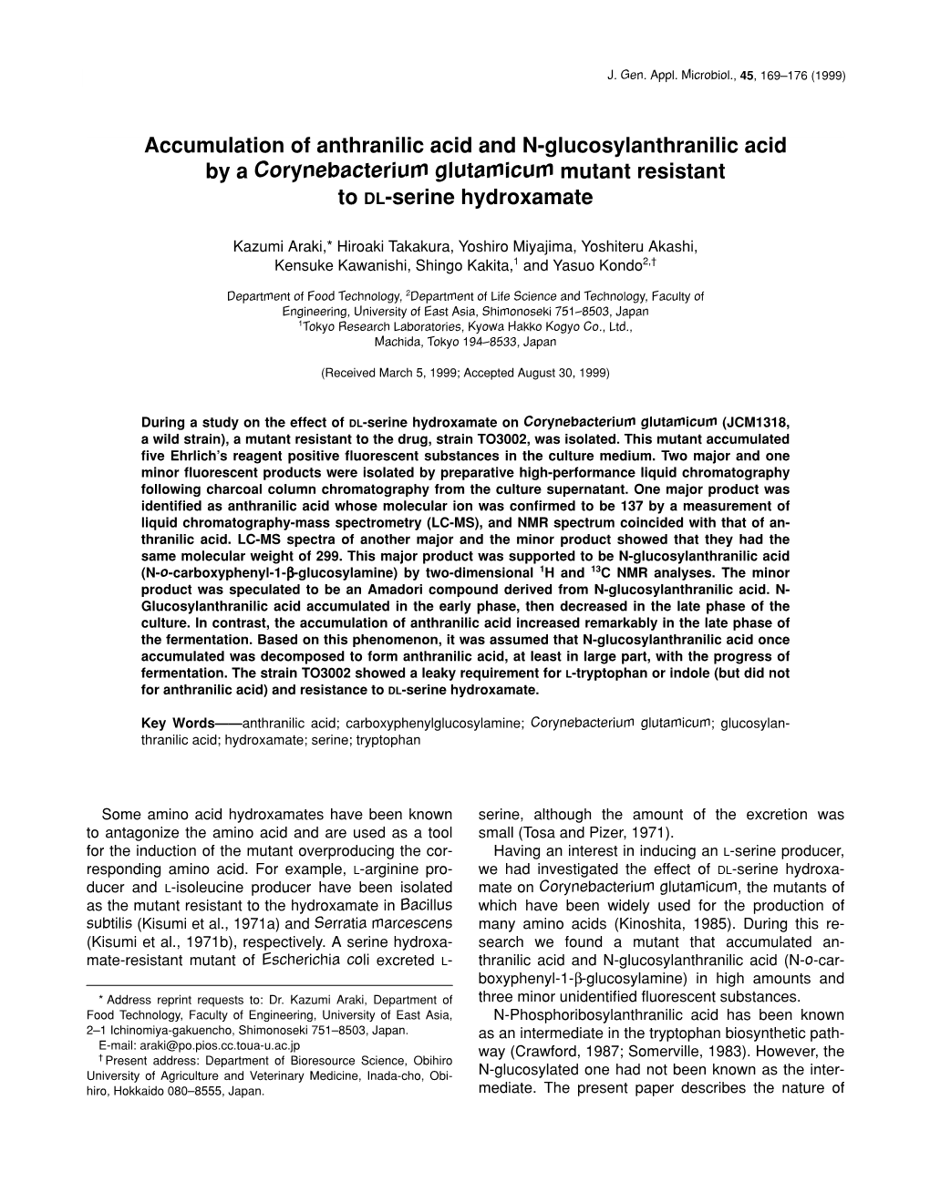 Accumulation of Anthranilic Acid and N-Glucosylanthranilic Acid by a Corynebacterium Glutamicum Mutant Resistant to DL-Serine Hydroxamate