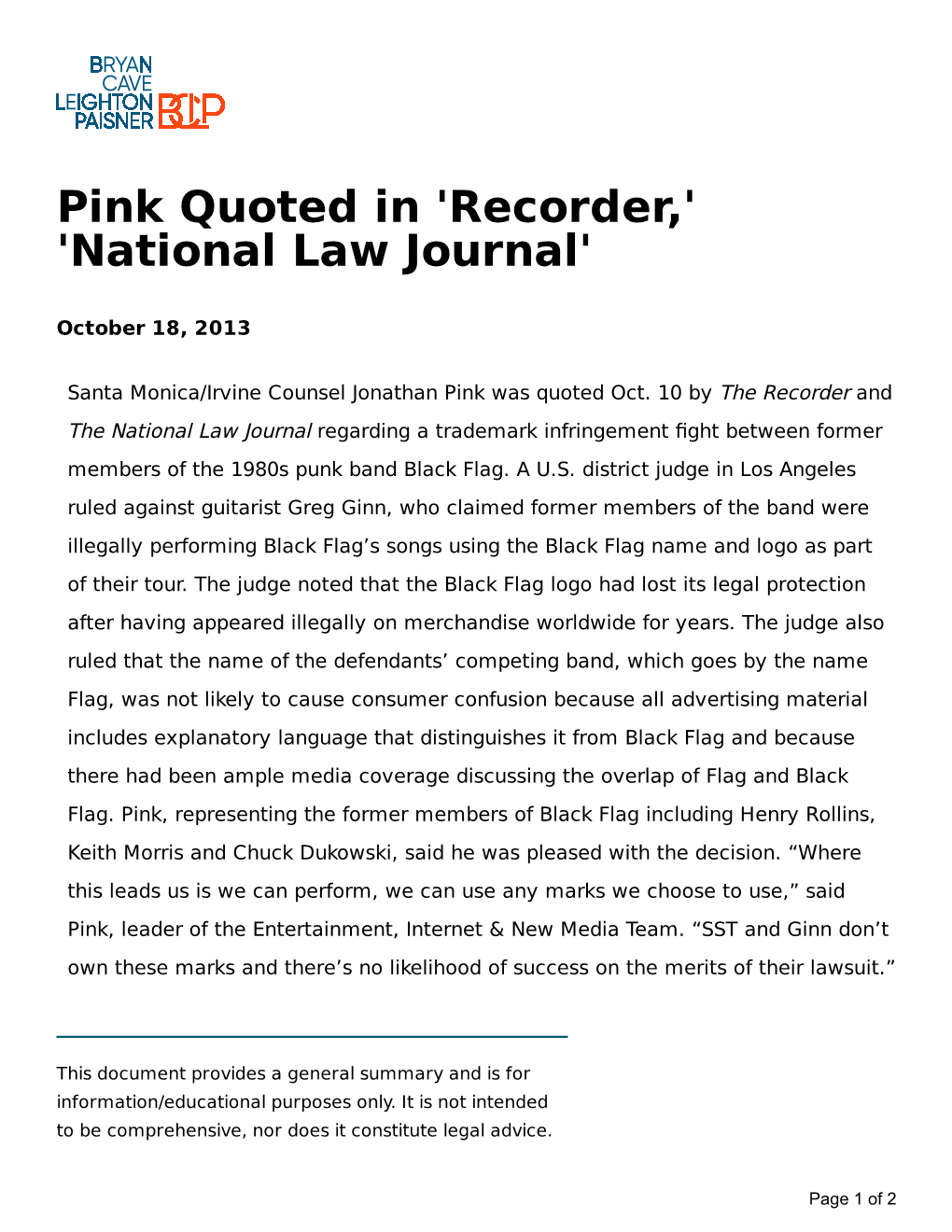 Pink Quoted in 'Recorder,' 'National Law Journal'