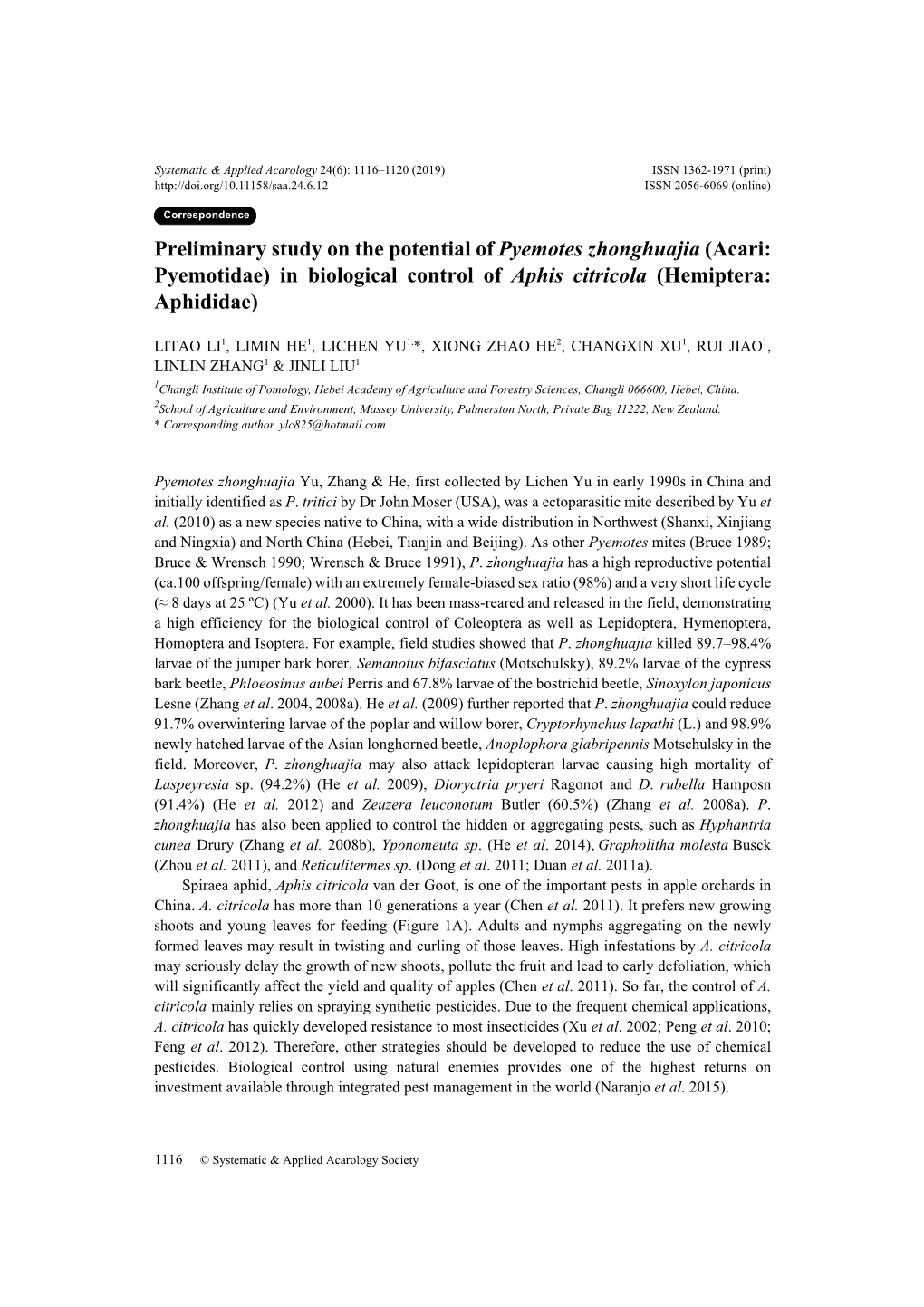 Preliminary Study on the Potential of Pyemotes Zhonghuajia (Acari: Pyemotidae) in Biological Control of Aphis Citricola (Hemiptera: Aphididae)