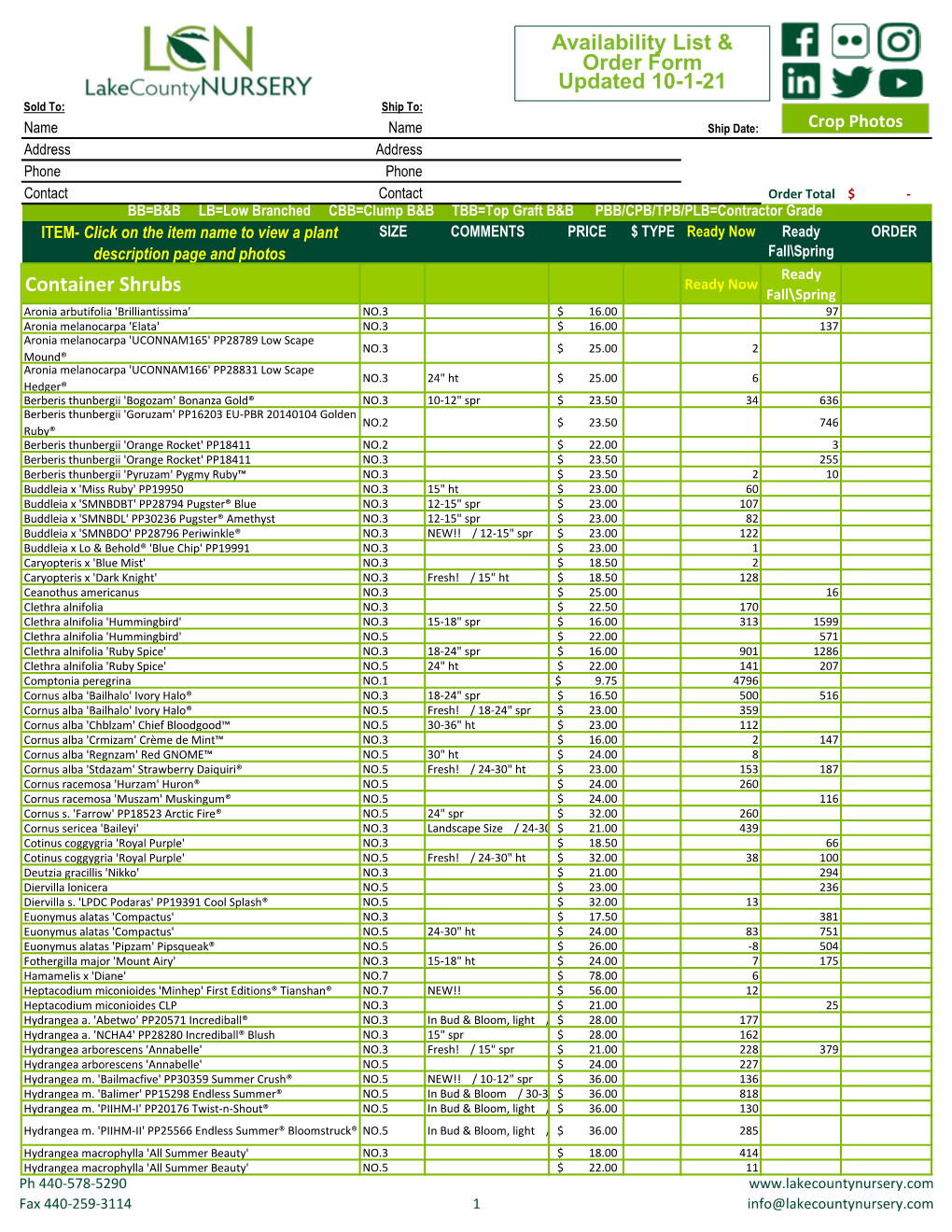 Container Shrubs Availability List & Order Form Updated 8-20-21