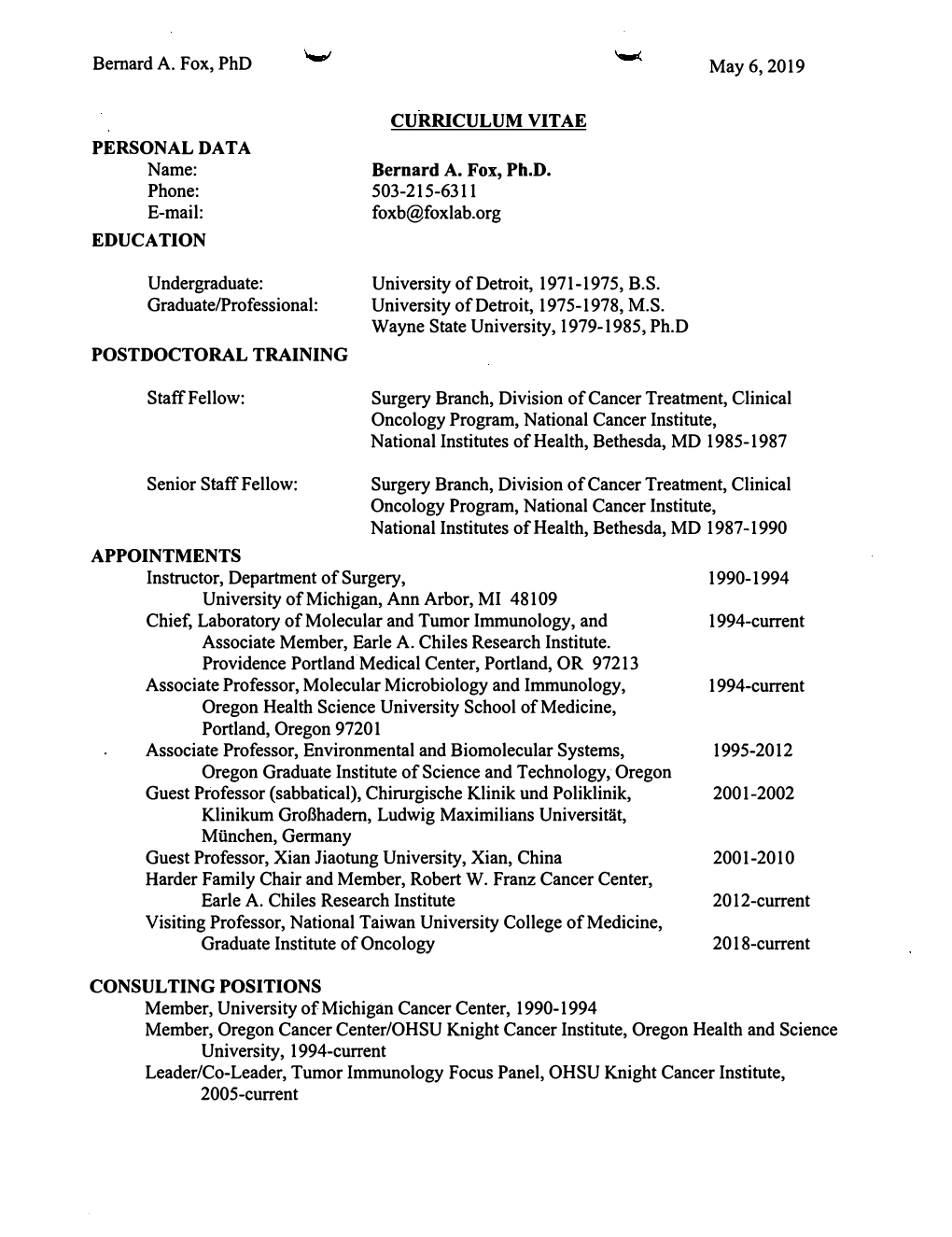 Cellular, Tissue, and Gene Therapies Advisory Committee Curriculum Vitae Bernard A