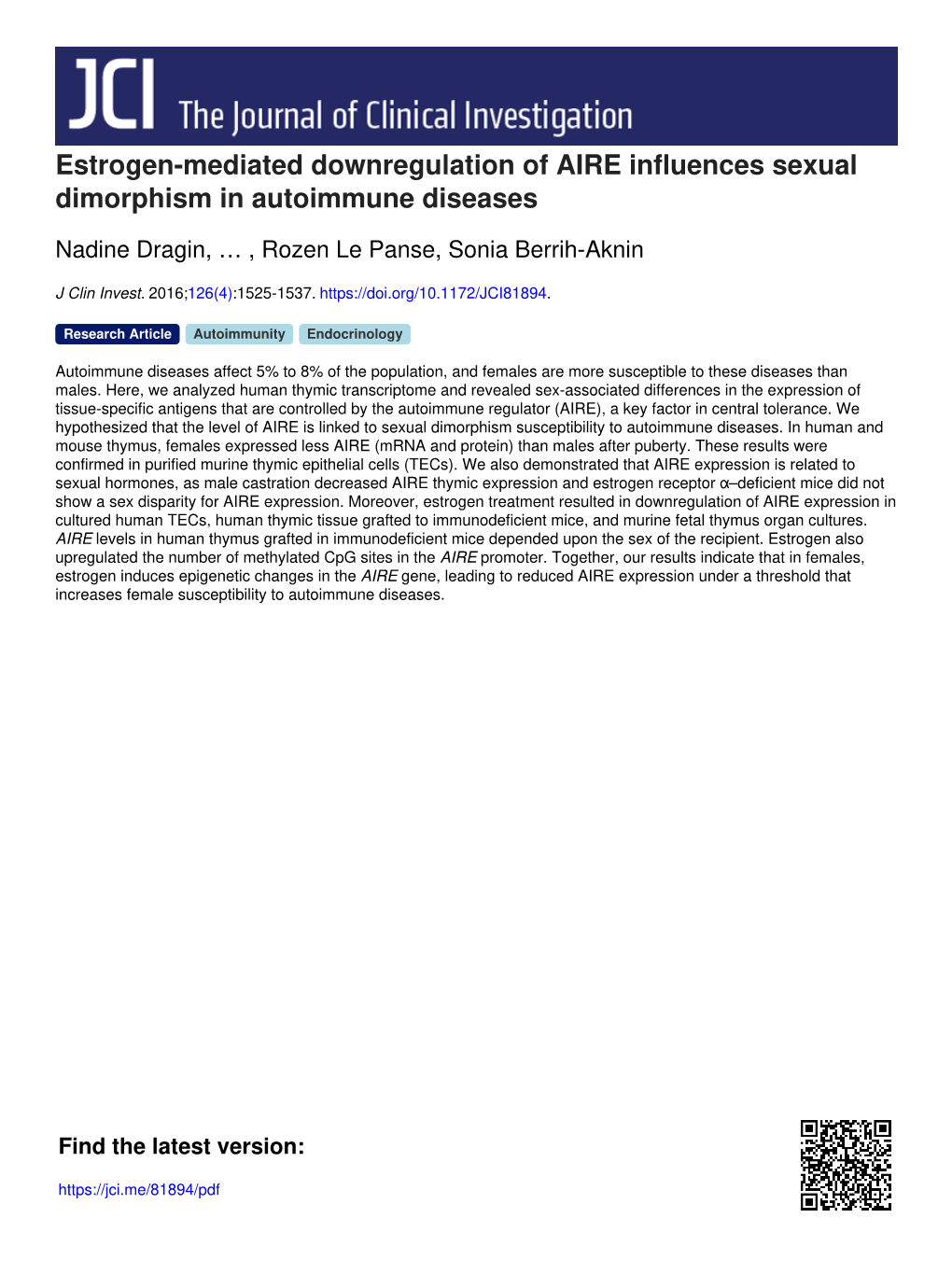 Estrogen-Mediated Downregulation of AIRE Influences Sexual Dimorphism in Autoimmune Diseases
