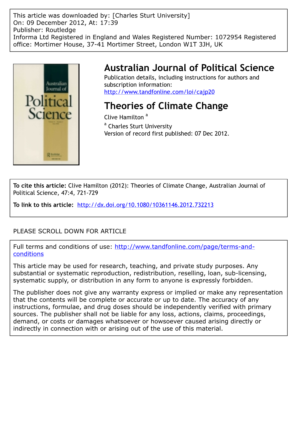 Theories of Climate Change Clive Hamilton a a Charles Sturt University Version of Record First Published: 07 Dec 2012