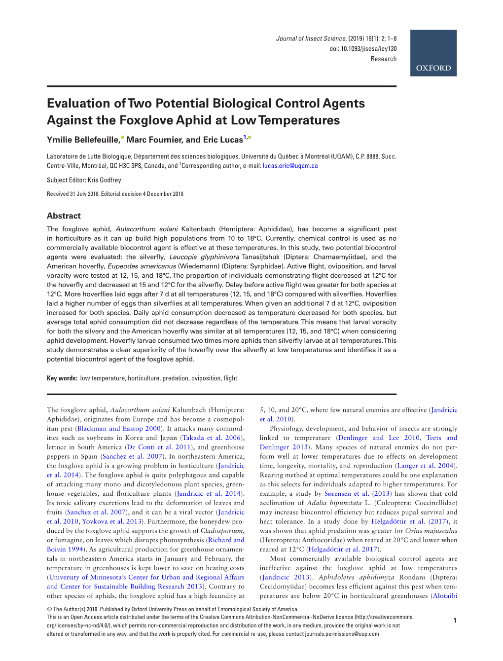 Evaluation of Two Potential Biological Control Agents Against the Foxglove Aphid at Low Temperatures