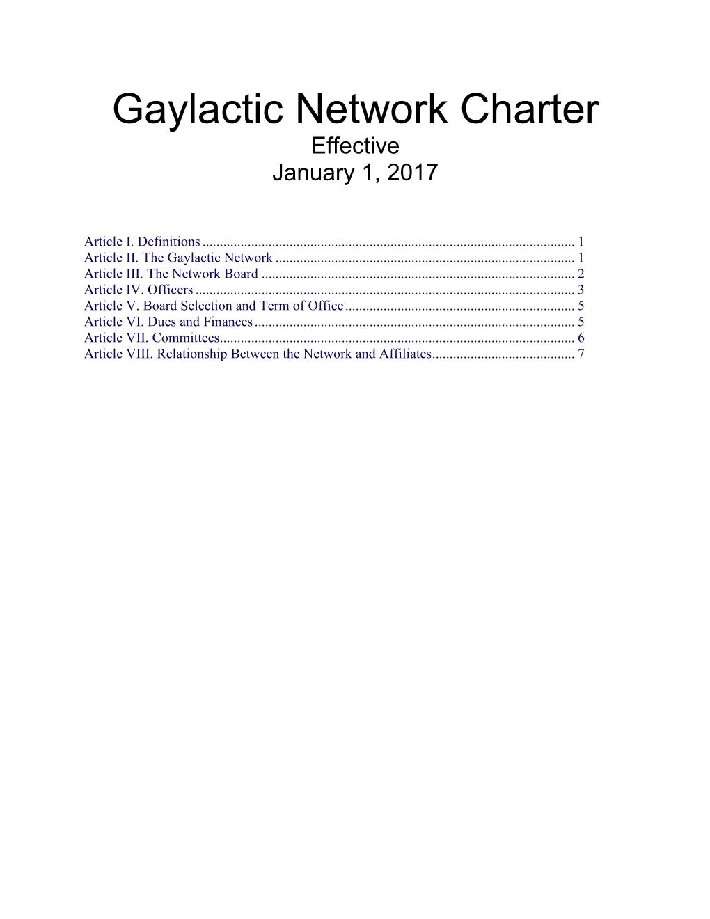 Gaylactic Network Charter Effective January 1, 2017