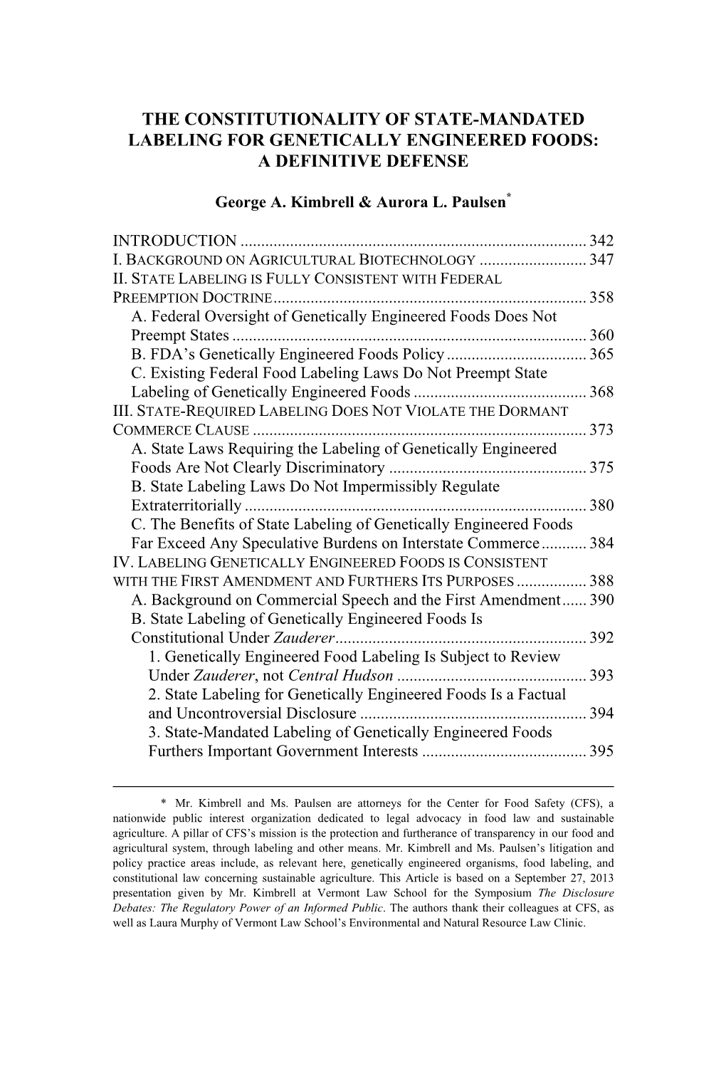 The Constitutionality of State-Mandated Labeling for Genetically Engineered Foods: a Definitive Defense