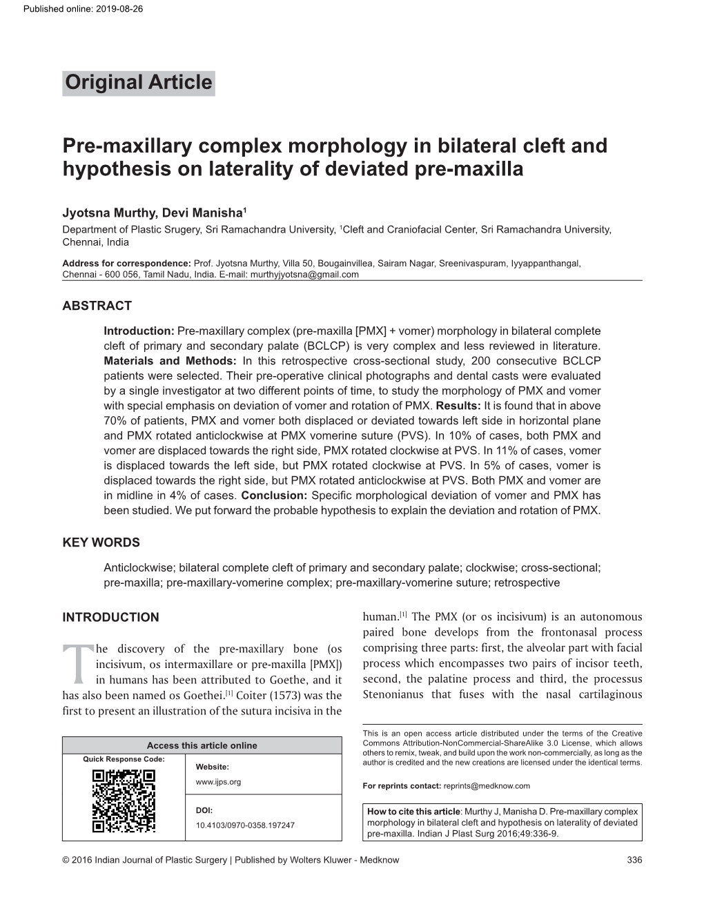 Pre‑Maxillary Complex Morphology in Bilateral Cleft and Hypothesis on Laterality of Deviated Pre‑Maxilla Original Article