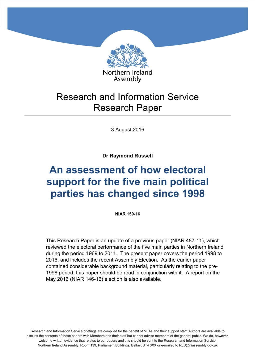 An Assessment of How Electoral Support for the Five Main Political Parties Has Changed Since 1998