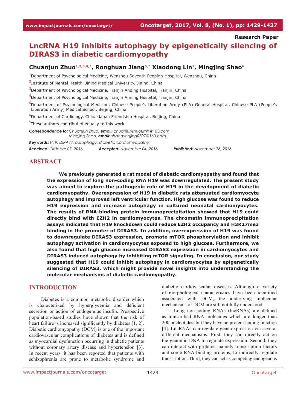 Lncrna H19 Inhibits Autophagy by Epigenetically Silencing of DIRAS3 in Diabetic Cardiomyopathy