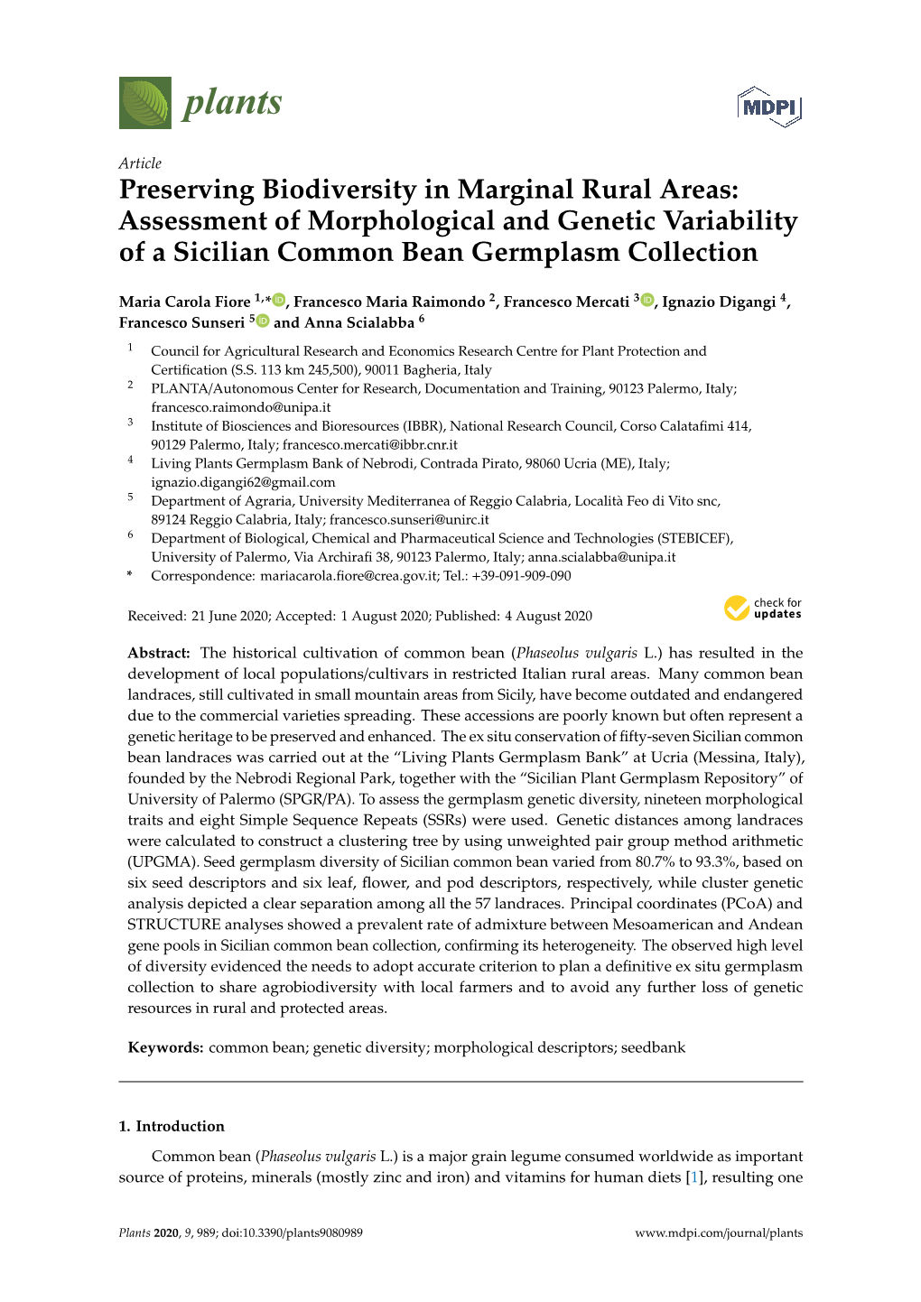 Assessment of Morphological and Genetic Variability of a Sicilian Common Bean Germplasm Collection