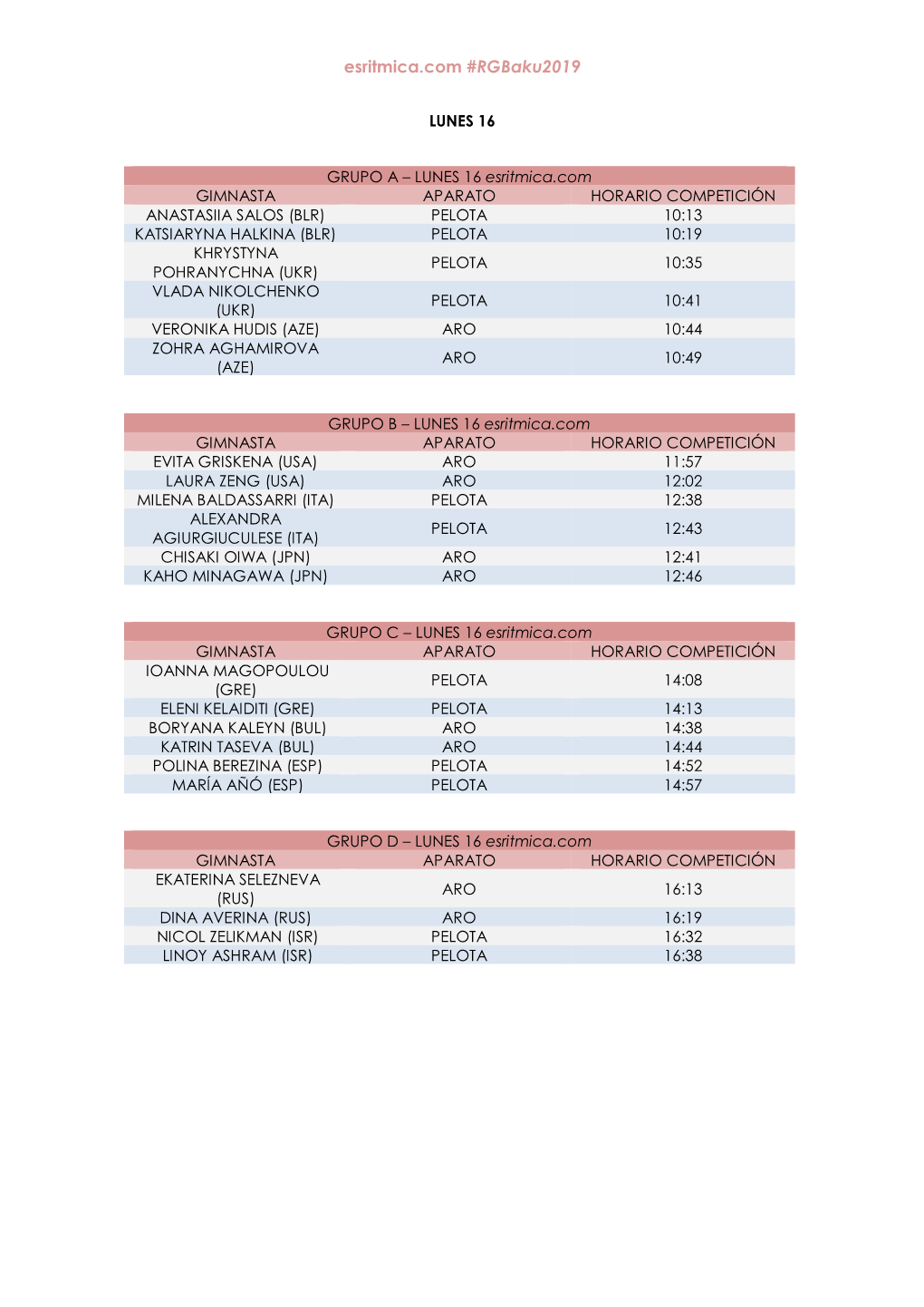 Horarios Competición – Clasificación