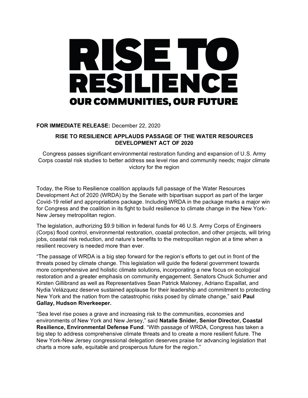 RISE to RESILIENCE APPLAUDS PASSAGE of the WATER RESOURCES DEVELOPMENT ACT of 2020 Congress Passes Significant Environmental Restoration Funding and Expansion of U.S