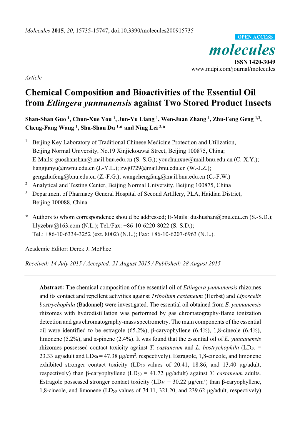 Chemical Composition and Bioactivities of the Essential Oil from Etlingera Yunnanensis Against Two Stored Product Insects