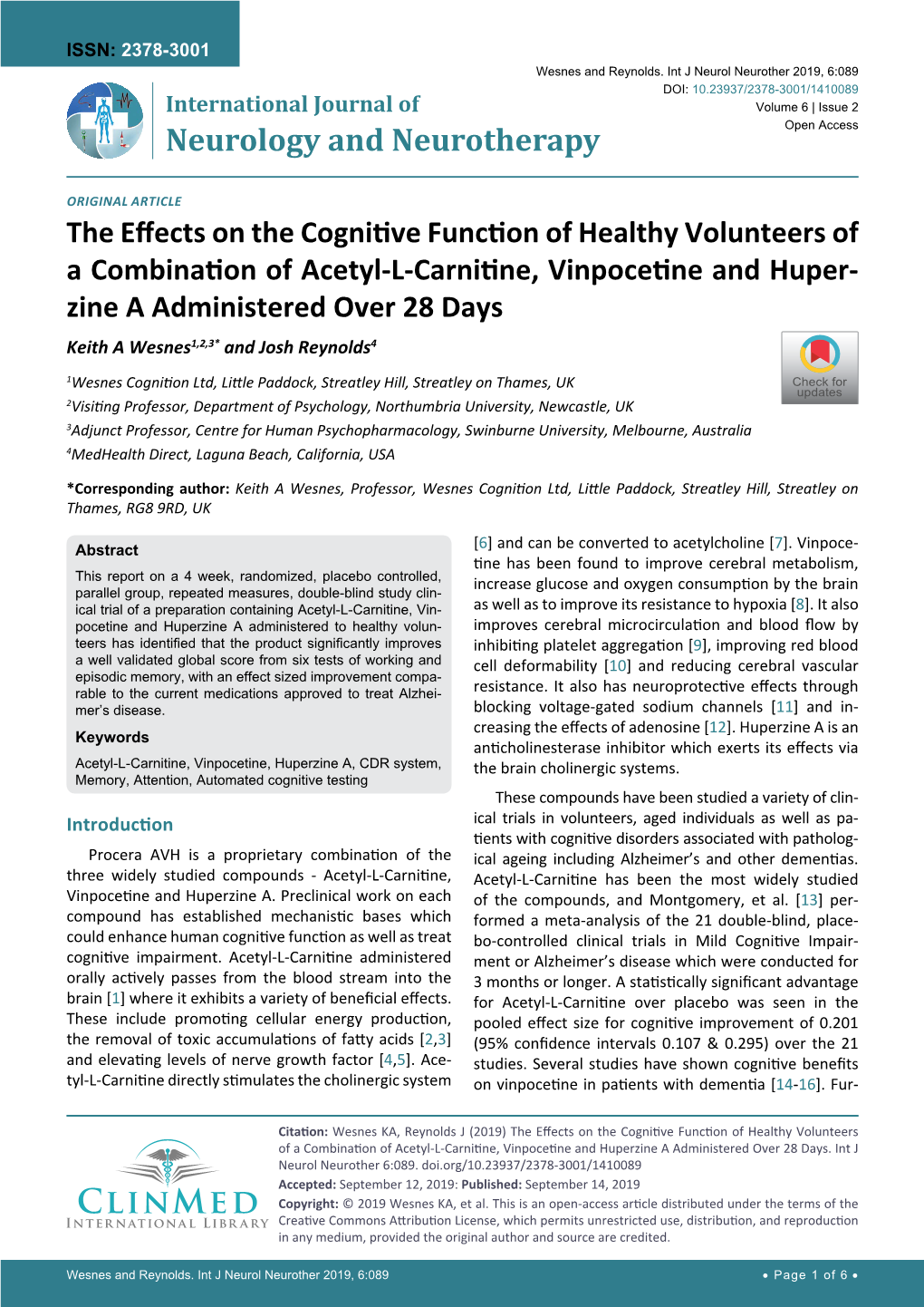 The Effects on the Cognitive Function of Healthy Volunteers of A