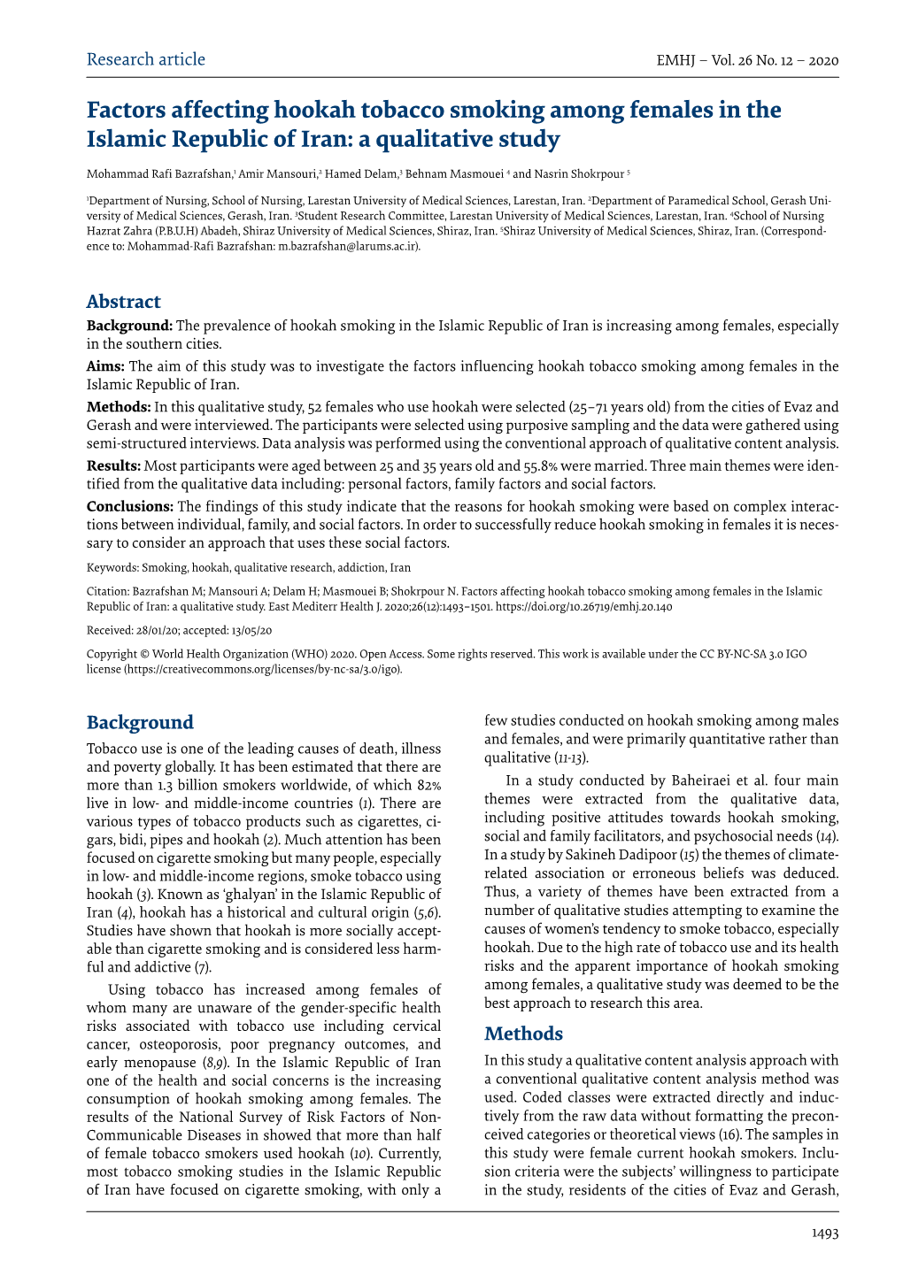 Factors Affecting Hookah Tobacco Smoking Among Females in the Islamic Republic of Iran: a Qualitative Study