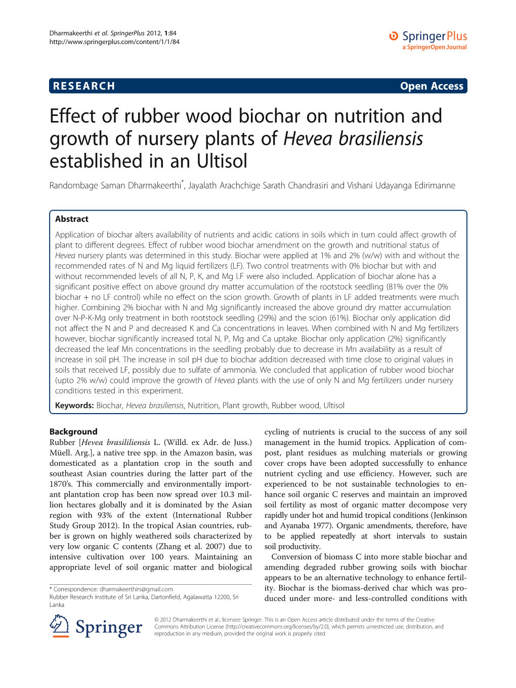 Effect of Rubber Wood Biochar on Nutrition and Growth of Nursery