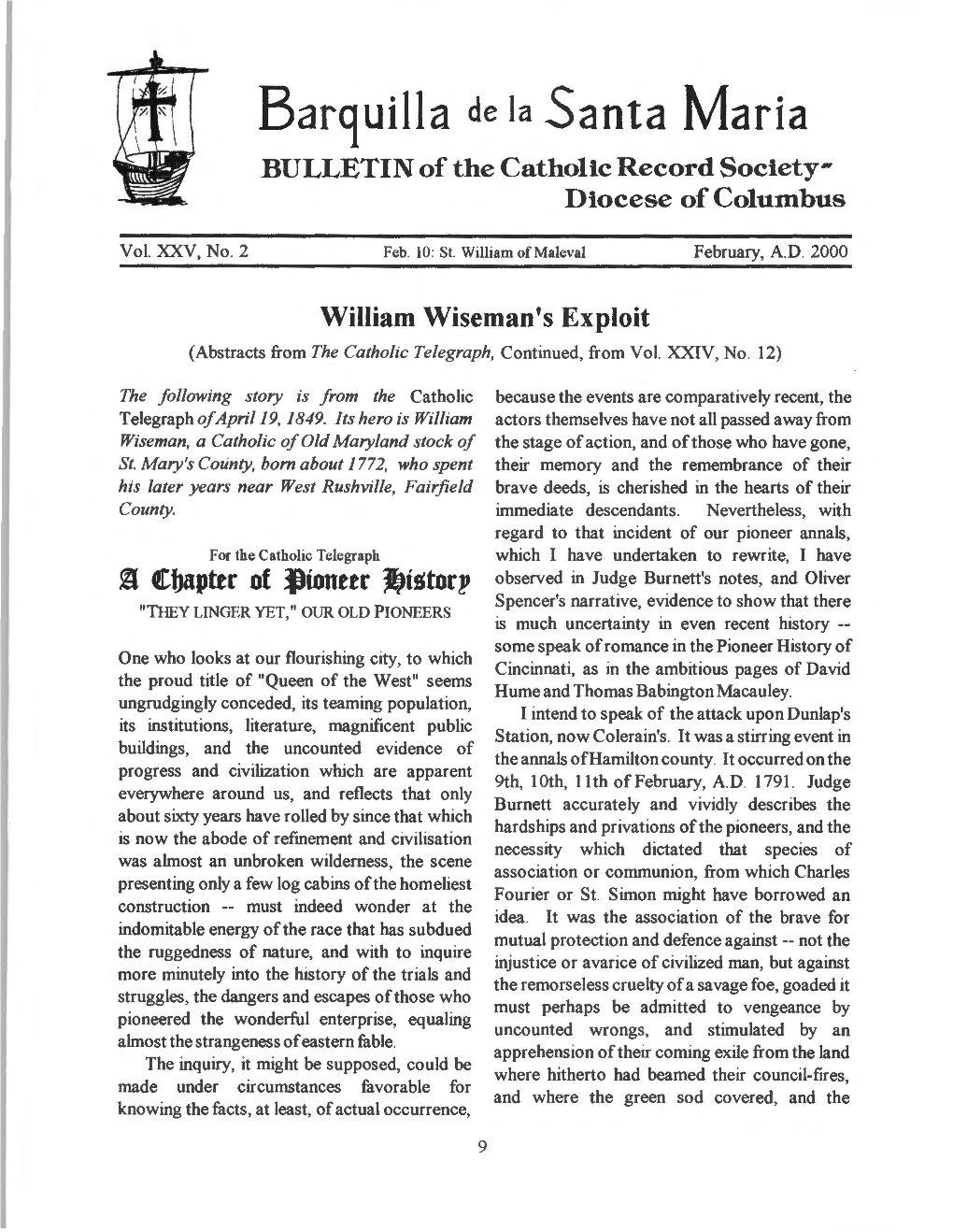 Barquilla De Ia Santa Maria BULLETIN of the Catholic Record Society­ Diocese of Columbus