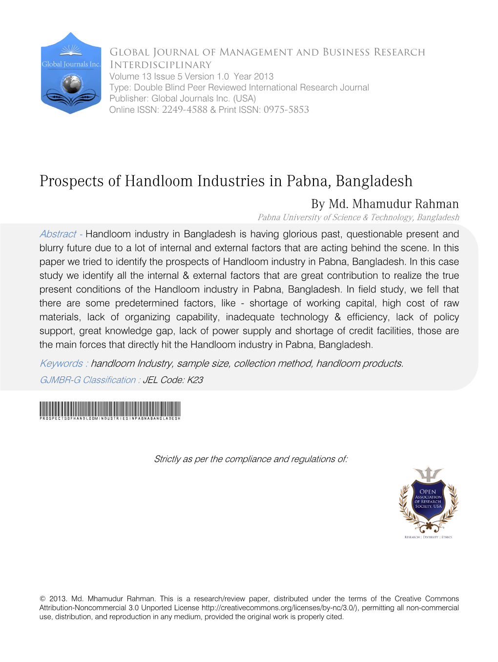 Prospects of Handloom Industries in Pabna, Bangladesh