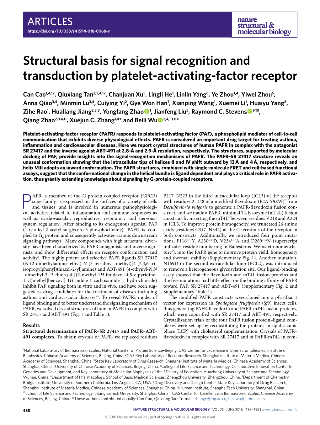 Structural Basis for Signal Recognition and Transduction by Platelet-Activating-Factor Receptor