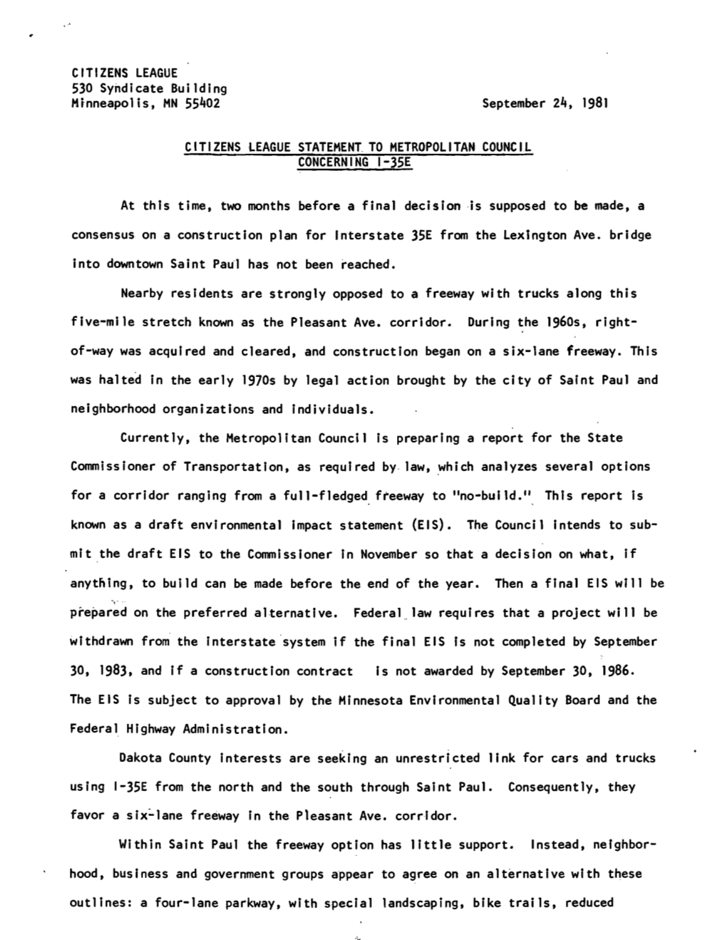 Statement to Met Council Re. I-35E (1981)