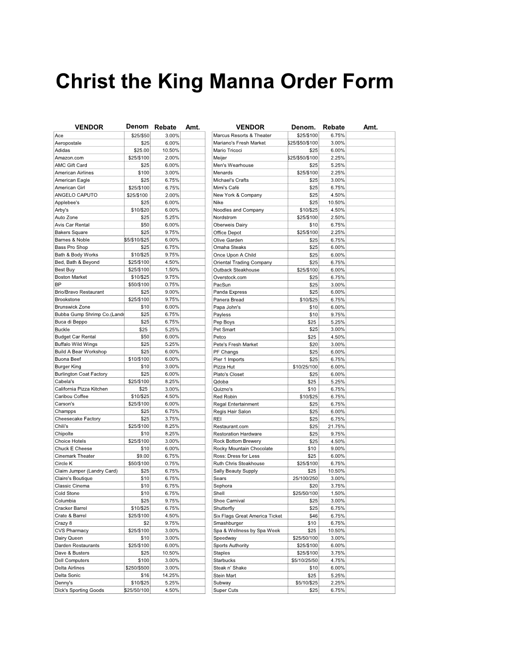 Christ the King Manna Order Form
