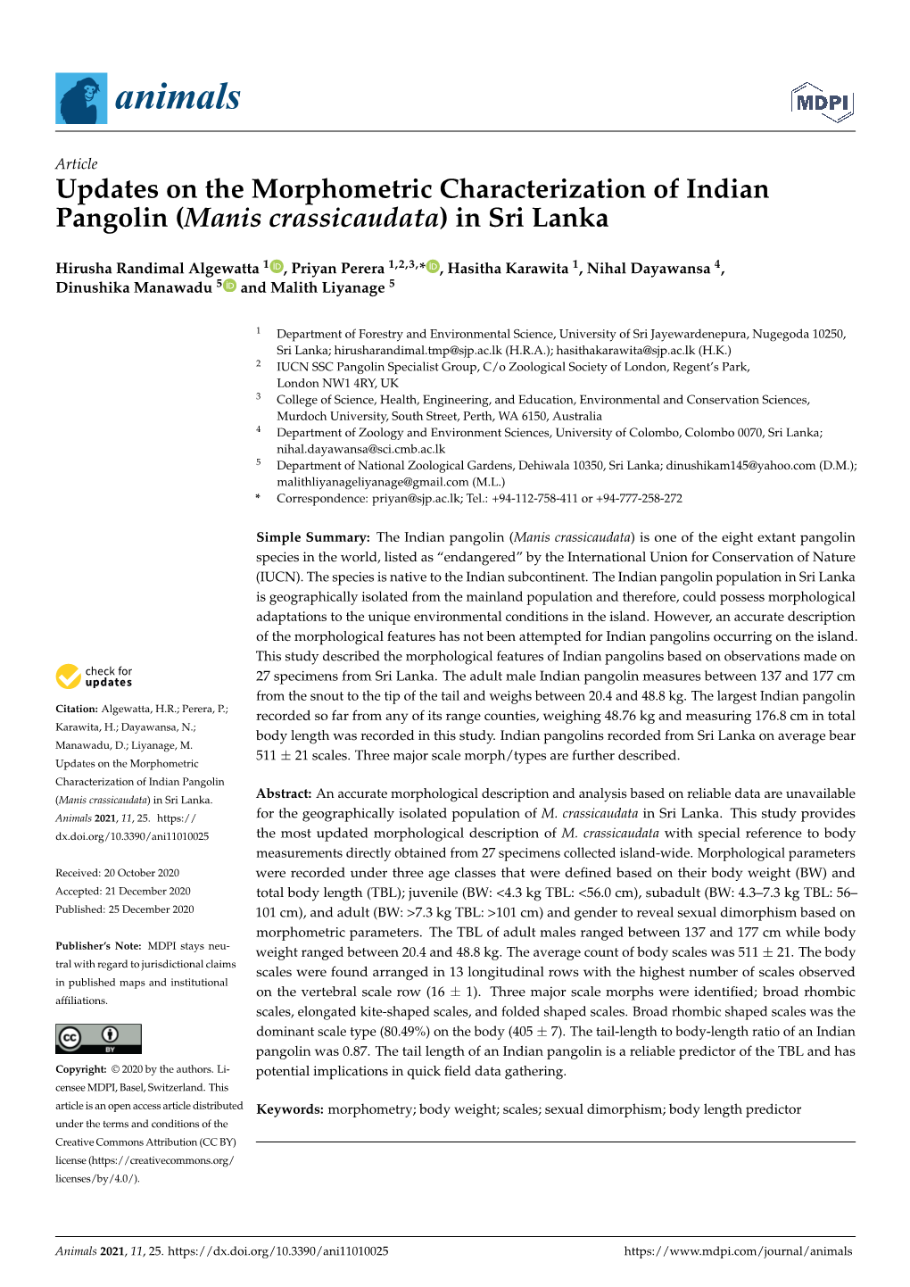 Updates on the Morphometric Characterization of Indian Pangolin (Manis Crassicaudata) in Sri Lanka