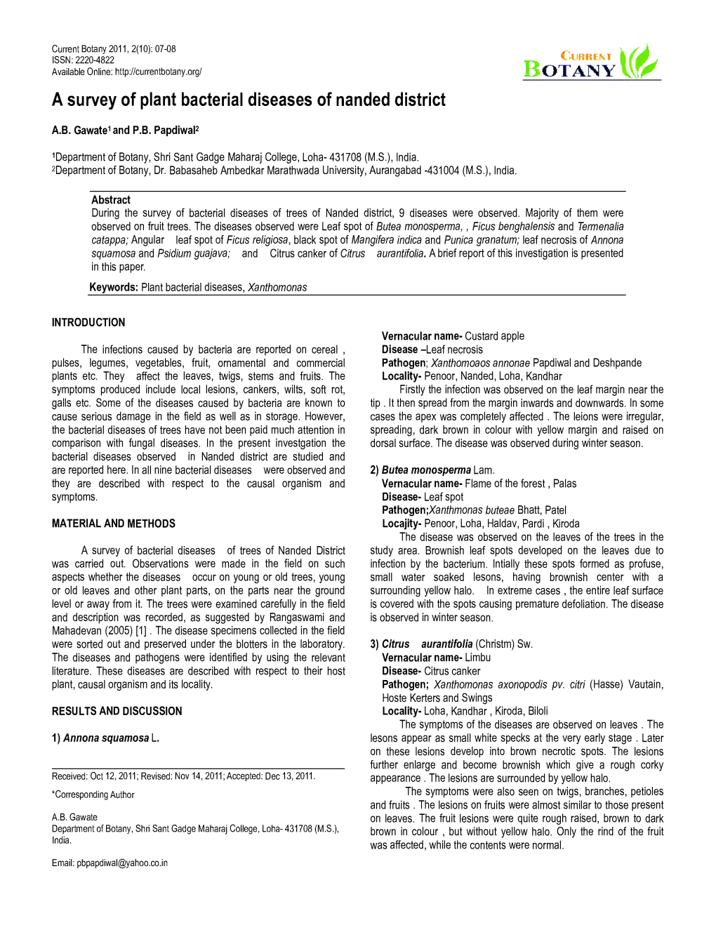 A Survey of Plant Bacterial Diseases of Nanded District