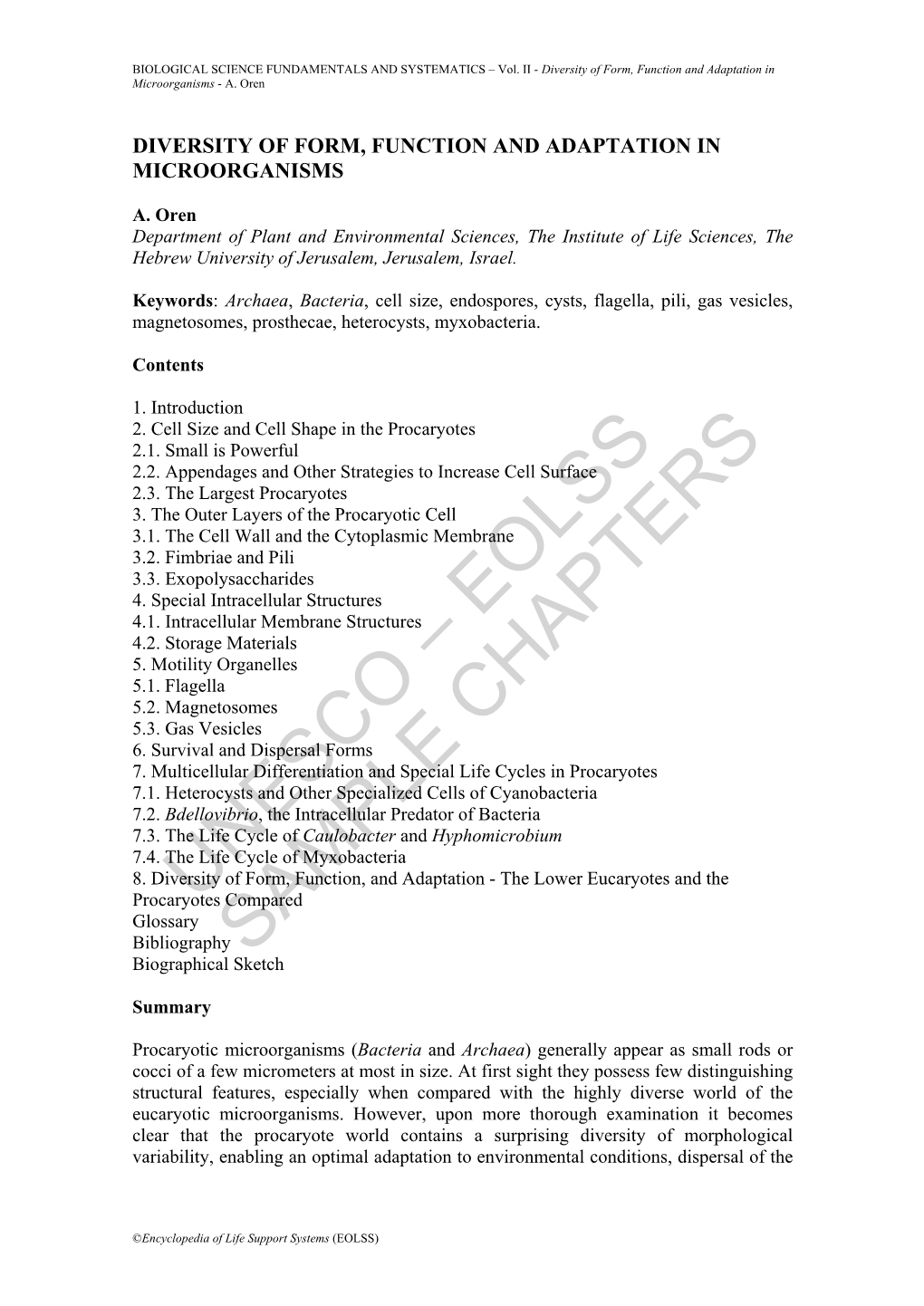 Diversity of Form, Function and Adaptation in Microorganisms - A