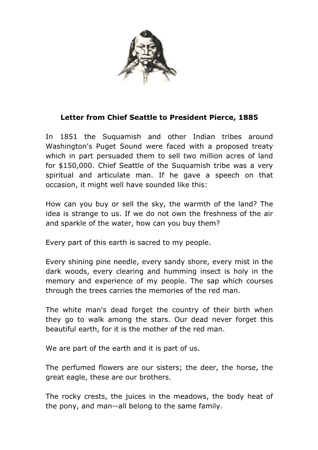 Letter from Chief Seattle to President Pierce, 1885 in 1851 The