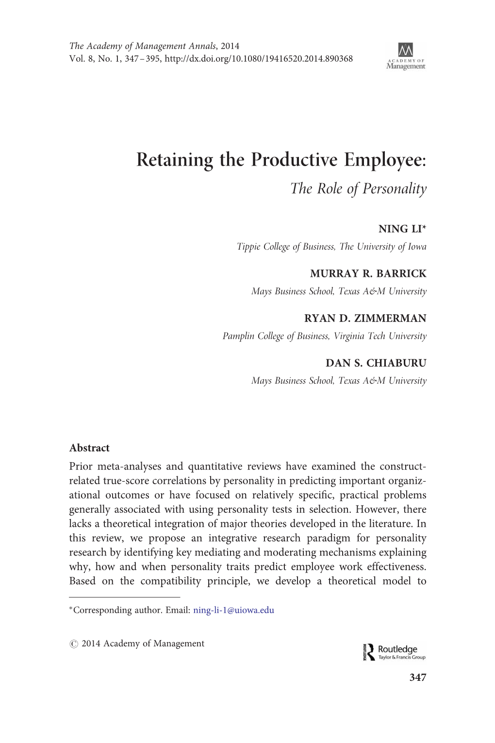 Retaining the Productive Employee: the Role of Personality