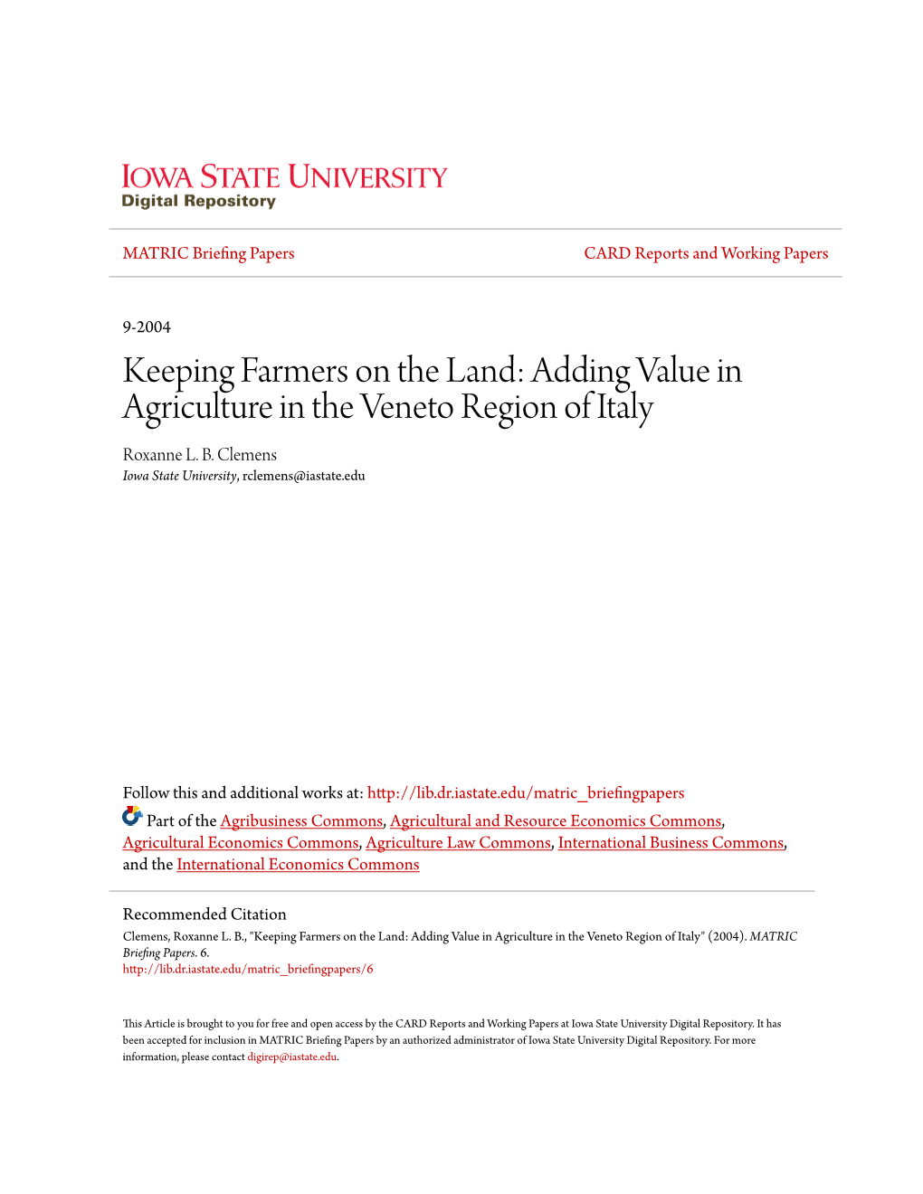 Adding Value in Agriculture in the Veneto Region of Italy Roxanne L