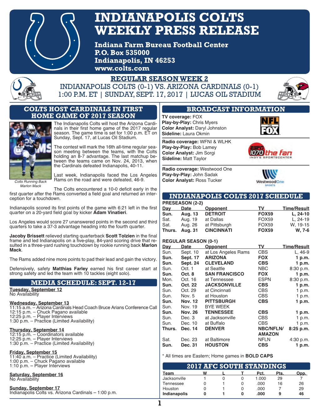 INDIANAPOLIS COLTS WEEKLY PRESS RELEASE Indiana Farm Bureau Football Center P.O