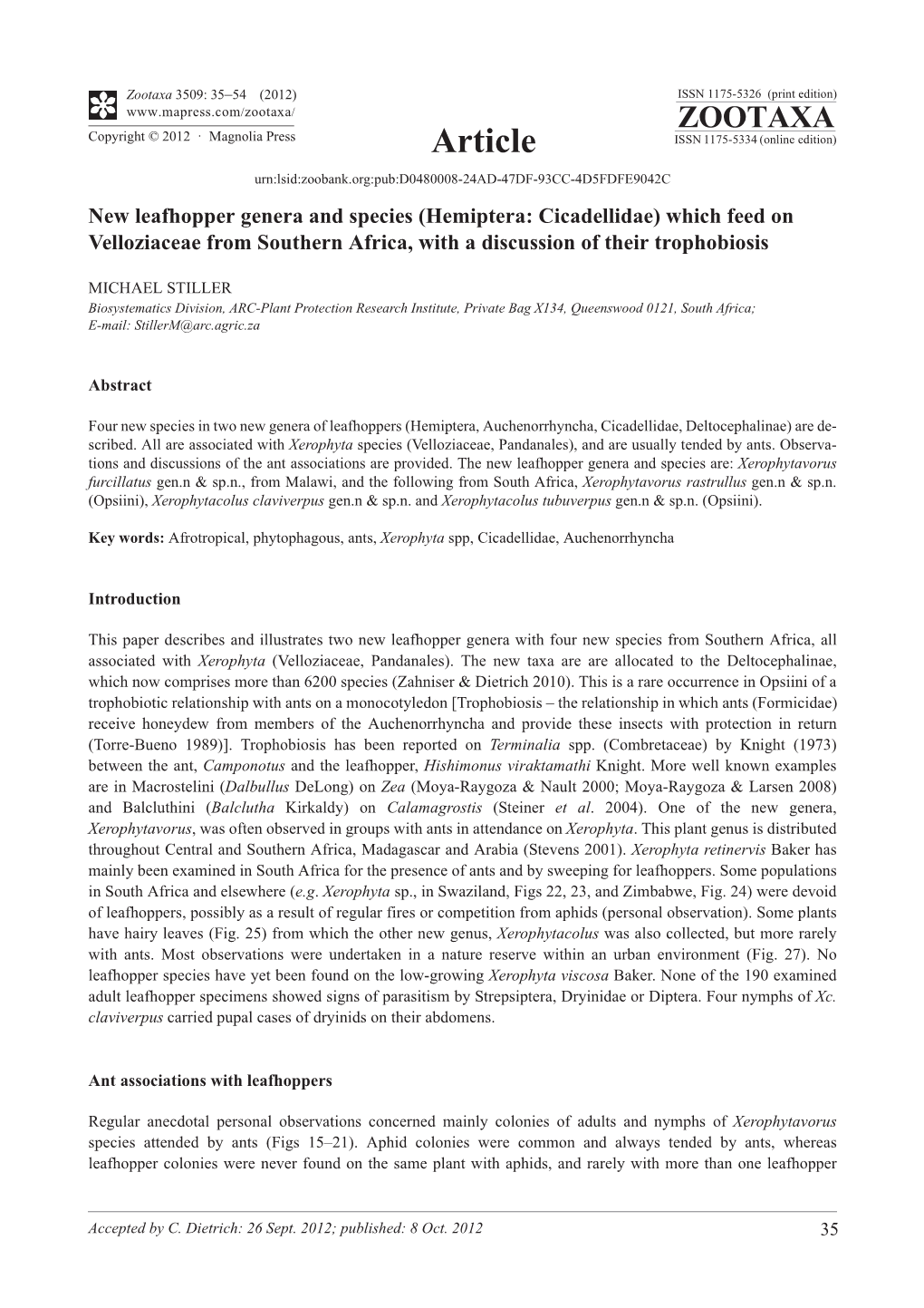 Hemiptera: Cicadellidae) Which Feed on Velloziaceae from Southern Africa, with a Discussion of Their Trophobiosis