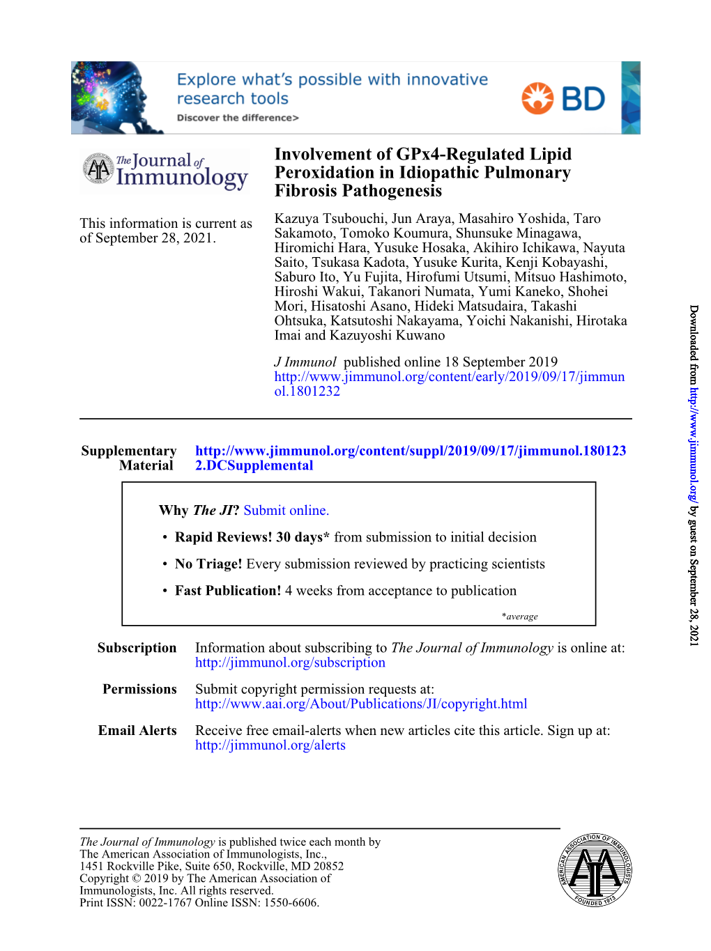 Involvement of Gpx4-Regulated Lipid Peroxidation in Idiopathic Pulmonary Fibrosis Pathogenesis