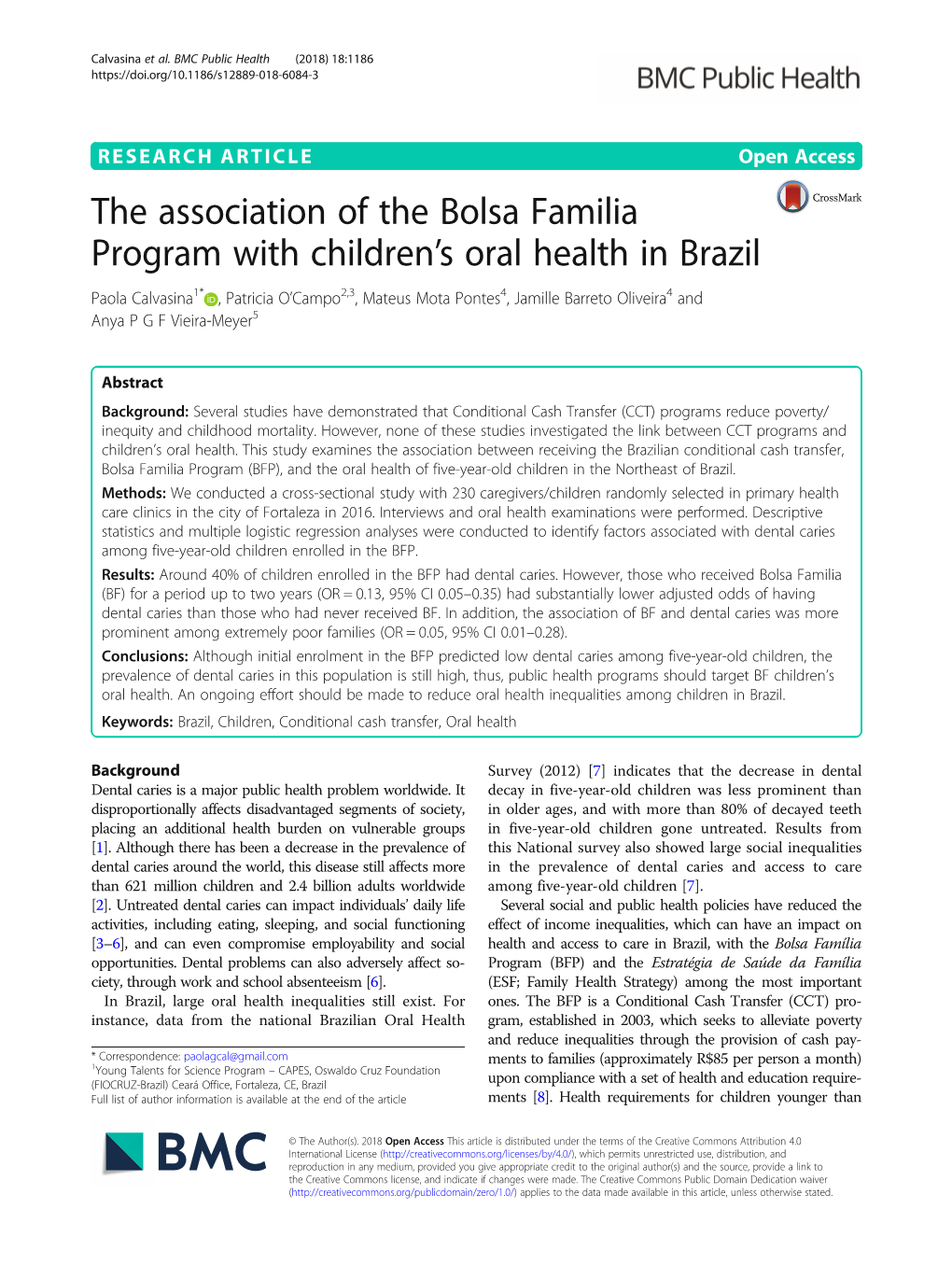 The Association of the Bolsa Familia Program with Children's Oral Health