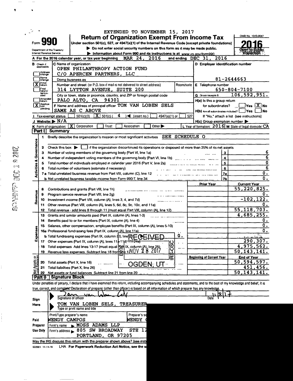 OPEN PHILANTHROPY ACTION FUND Cha=^ C/O APERCEN PARTNERS , LLC 0Cnenga Doin G Business As 81-2644663 Fnnial M Et- Number and Street (Or P.O