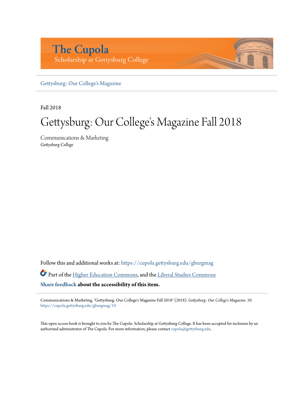 Gettysburg: Our College's Magazine Fall 2018 Communications & Marketing Gettysburg College