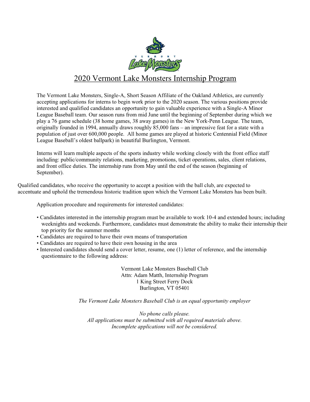 2020 Vermont Lake Monsters Internship Program