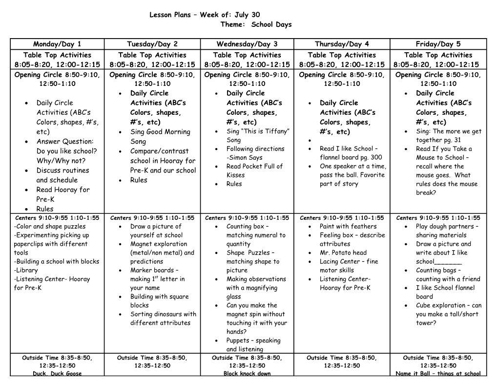 Lesson Plans Week of 9-08-08